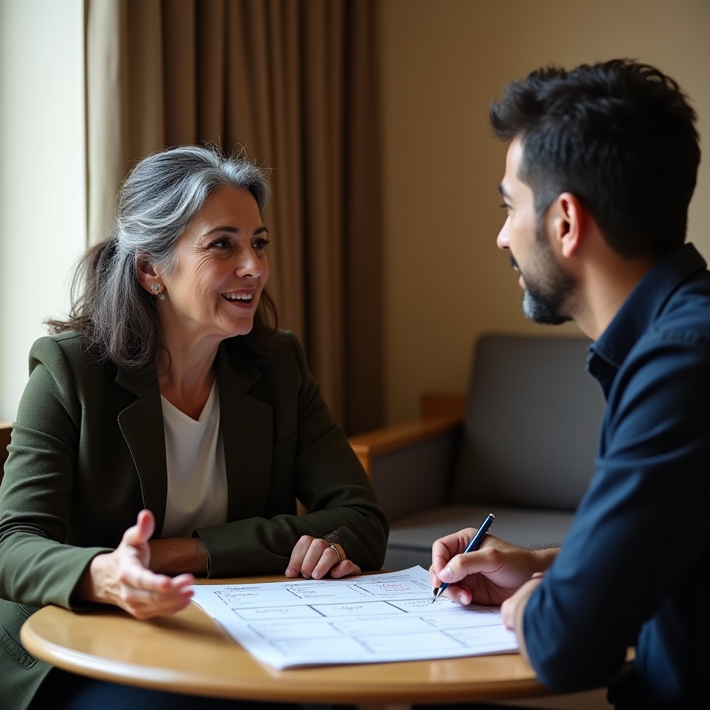 Facilitator and entrepreneur working through real business scenarios at a table, with notes and a priority framework visible