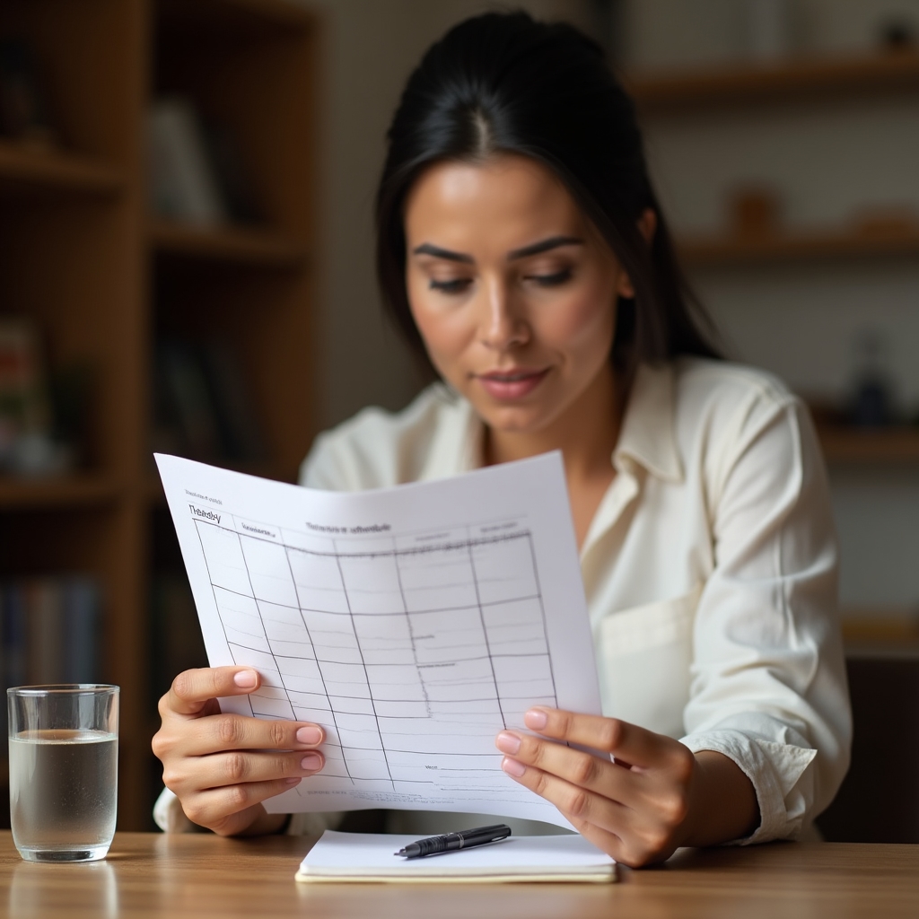 Entrepreneur carefully reviewing a handwritten weekly schedule