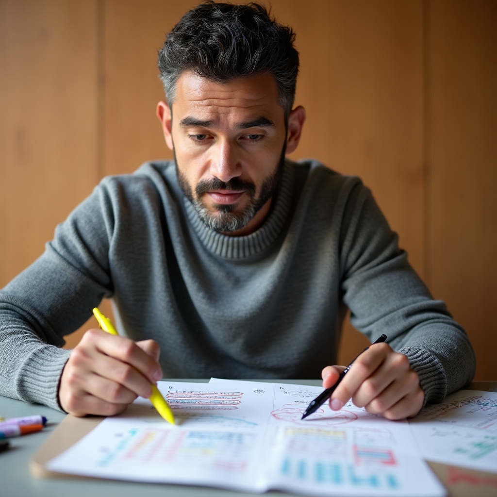 Entrepreneur analyzing a week's worth of time data spread across a table, identifying patterns with colored markers