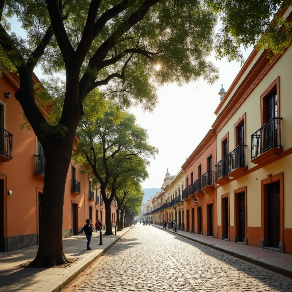 Street view of Xalapa, Veracruz, showing colonial architecture and tree-lined streets